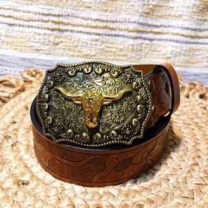 Tooled Floral Steer Brown Leather Belt / Brass Gold Tone Western Buckle 41